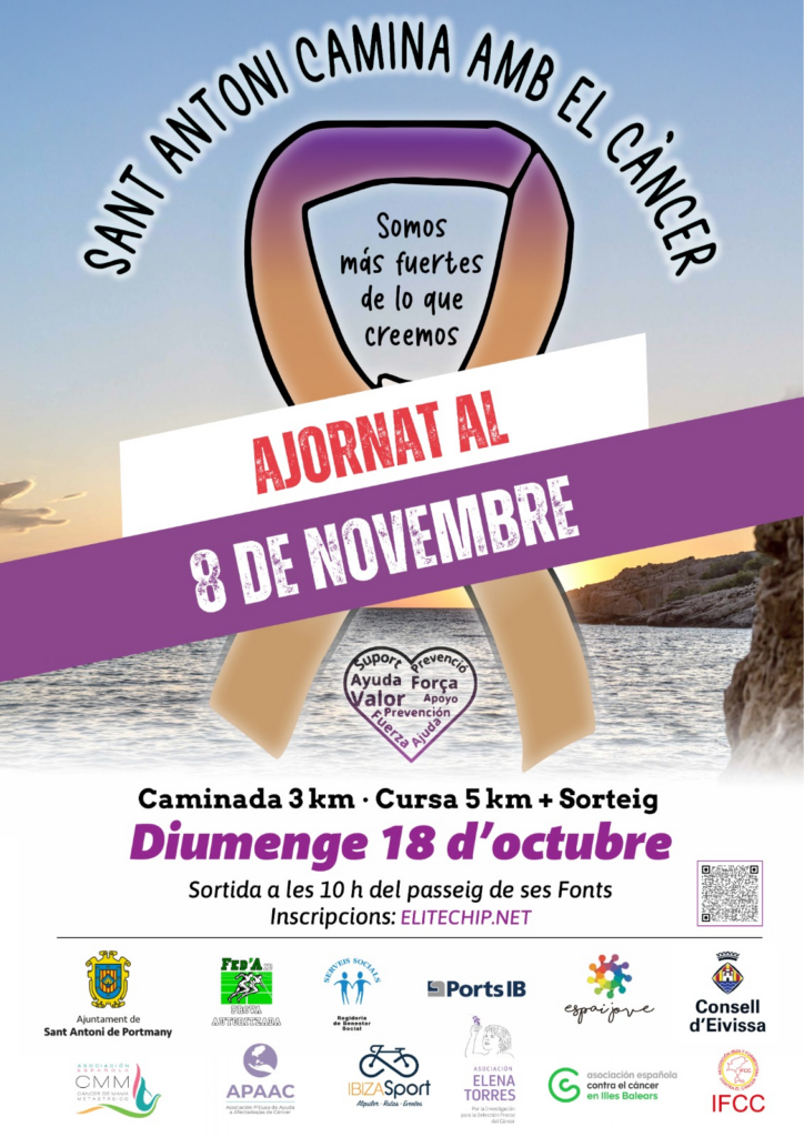 Cartel de Sant Antoni Camina amb el Càncer con aviso de aplazamiento al 8 de noviembre de 2026
